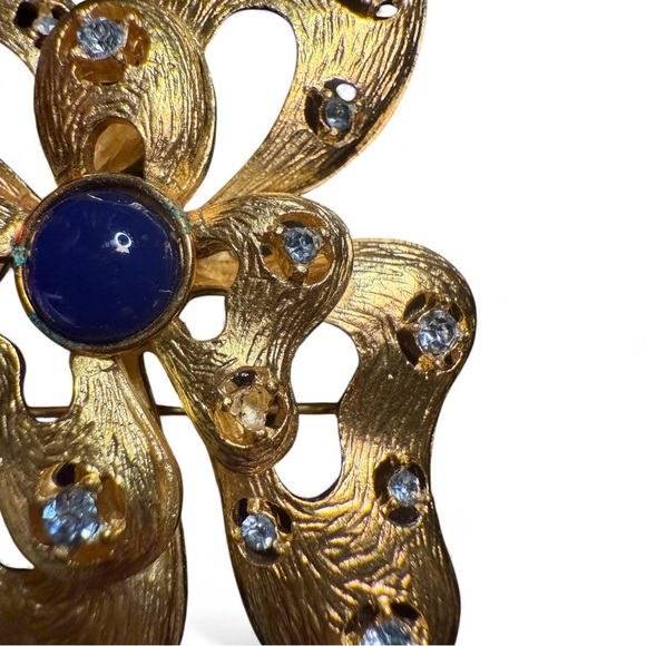 Vintage IVANA Gold Statement Brooch w/ Blue Cabochon & Rhinestones (1980s/90s) - Picture 5 of 6